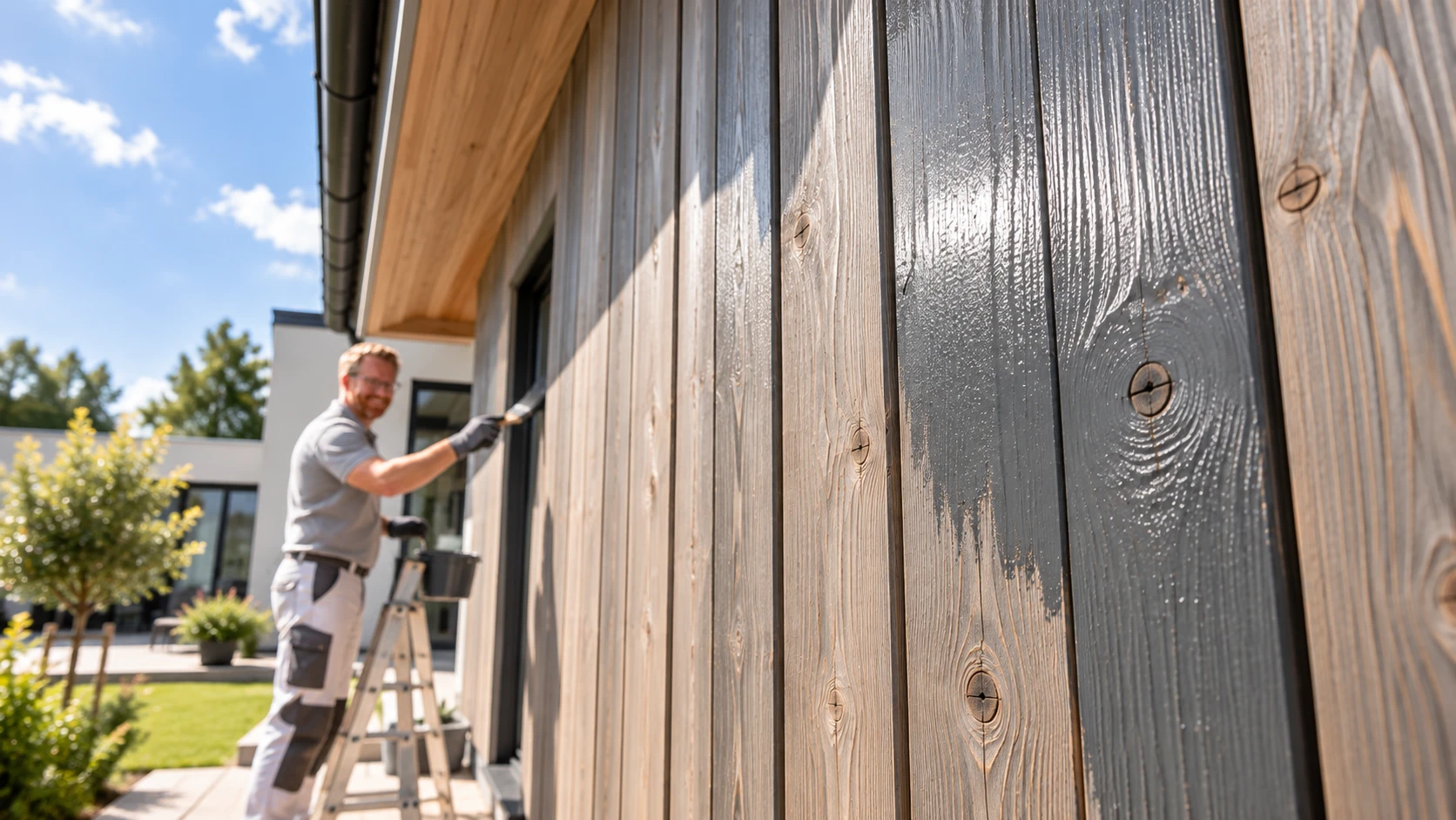 Holzfassade wird mit Lasur gestrichen
