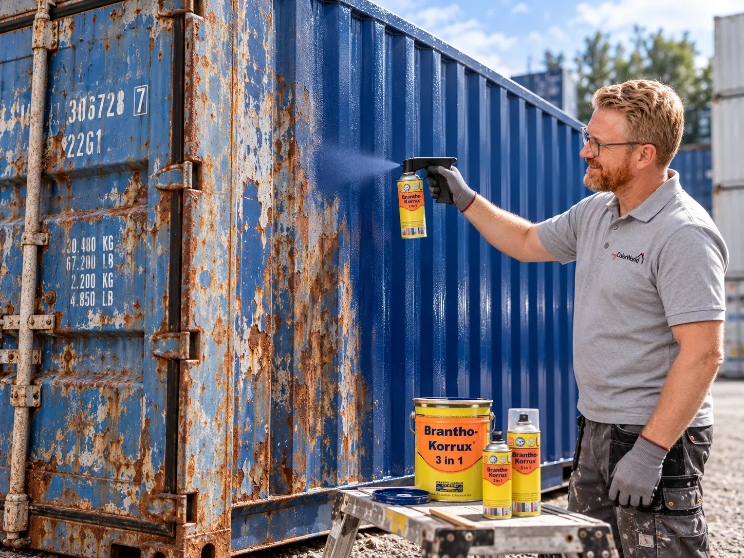 Container wird mit Korrosionsschutz lackiert